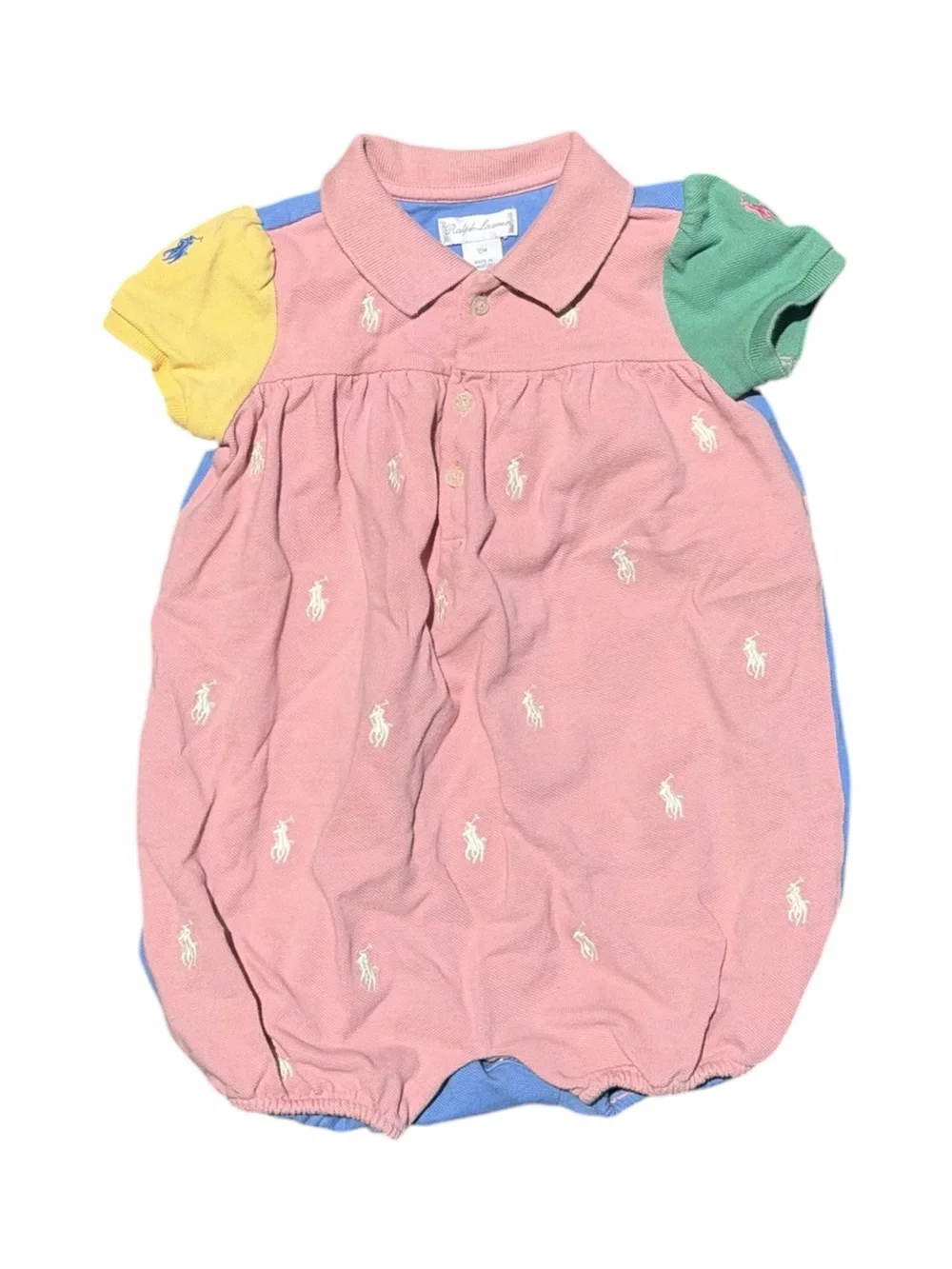 Ralph Lauren Baby Color Block Piqué Bubble Romper Pink Multicolor Pony 18M